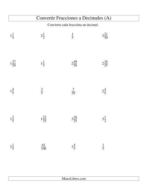 La hoja de ejercicios de Convertir Fracciones Mixtas en Decimales (A)