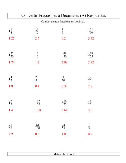 La hoja de ejercicios de Convertir Fracciones Mixtas en Decimales (A) Página 2