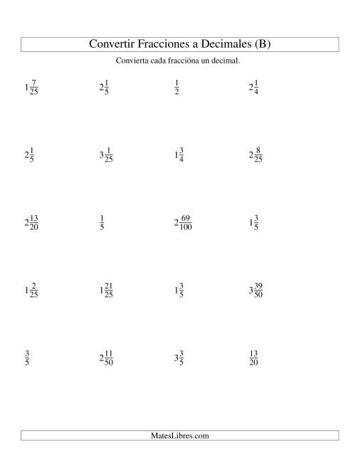 La hoja de ejercicios de Convertir Fracciones Mixtas en Decimales (B)