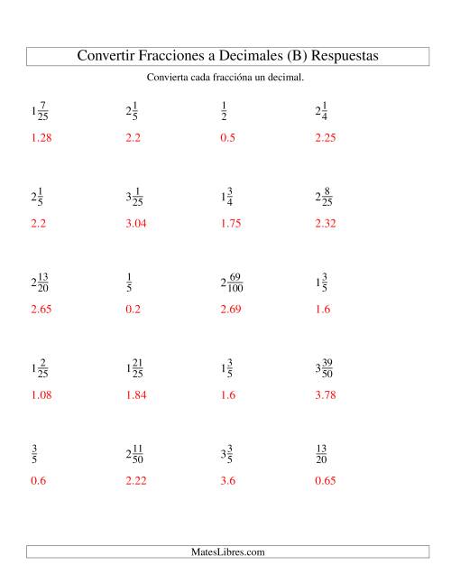 La hoja de ejercicios de Convertir Fracciones Mixtas en Decimales (B) Página 2