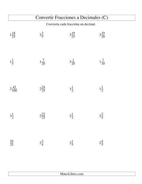 La hoja de ejercicios de Convertir Fracciones Mixtas en Decimales (C)