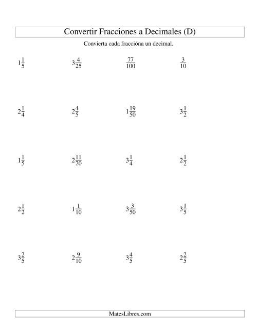 La hoja de ejercicios de Convertir Fracciones Mixtas en Decimales (D)