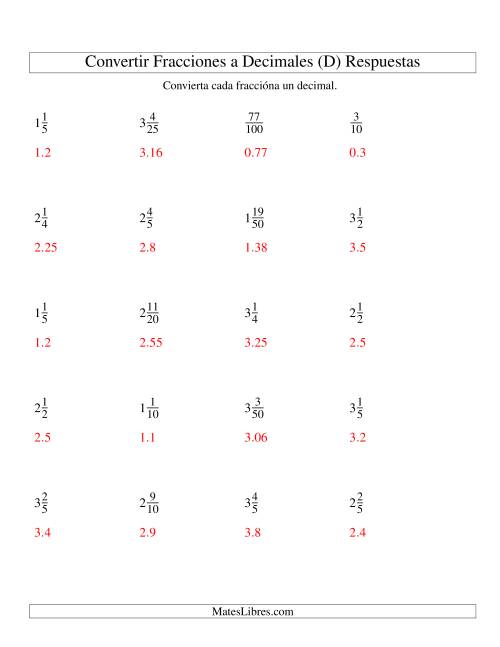 La hoja de ejercicios de Convertir Fracciones Mixtas en Decimales (D) Página 2