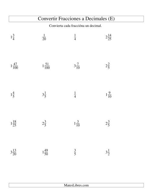 La hoja de ejercicios de Convertir Fracciones Mixtas en Decimales (E)