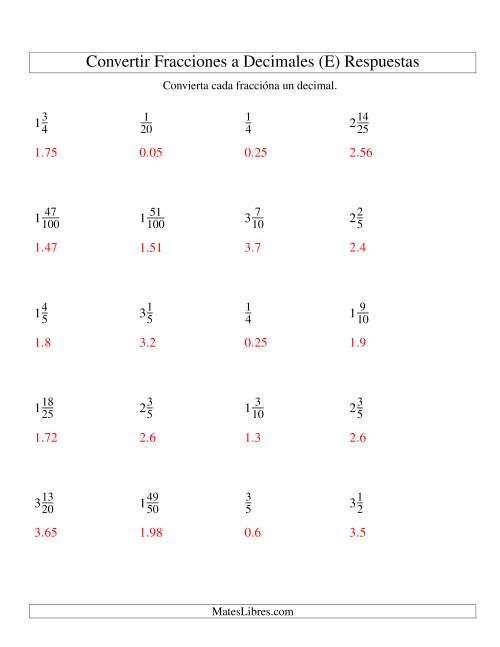 La hoja de ejercicios de Convertir Fracciones Mixtas en Decimales (E) Página 2