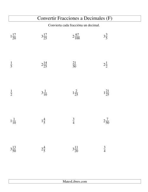La hoja de ejercicios de Convertir Fracciones Mixtas en Decimales (F)