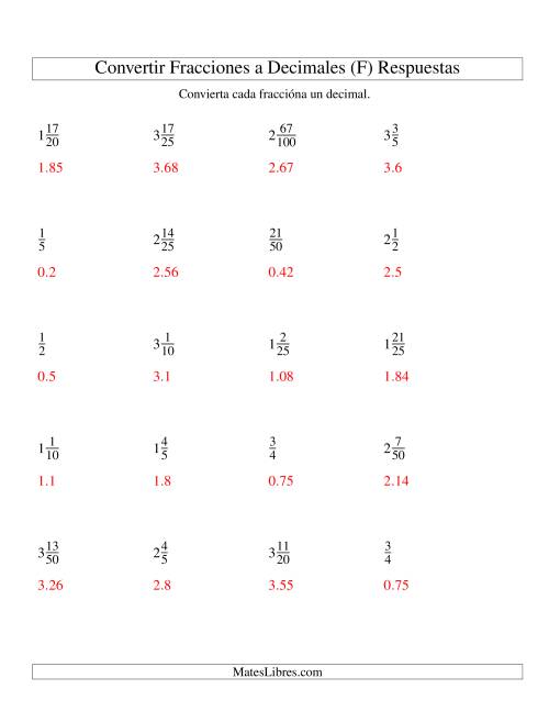 La hoja de ejercicios de Convertir Fracciones Mixtas en Decimales (F) Página 2