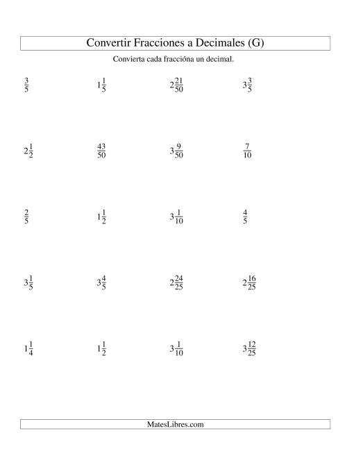 La hoja de ejercicios de Convertir Fracciones Mixtas en Decimales (G)