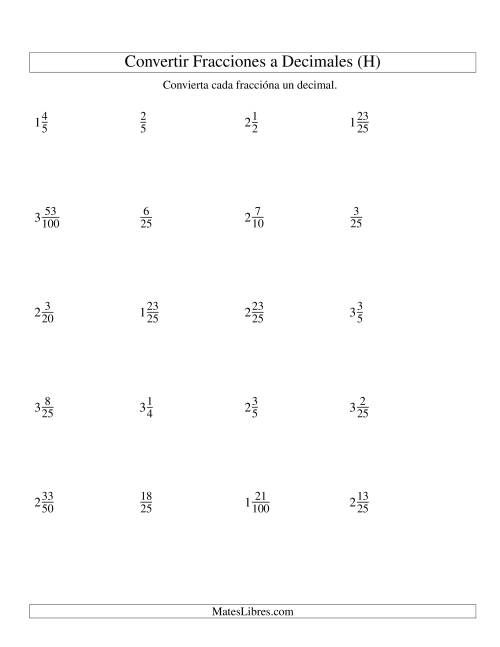 La hoja de ejercicios de Convertir Fracciones Mixtas en Decimales (H)