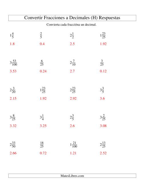 La hoja de ejercicios de Convertir Fracciones Mixtas en Decimales (H) Página 2