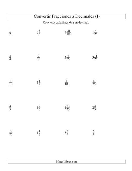 La hoja de ejercicios de Convertir Fracciones Mixtas en Decimales (I)