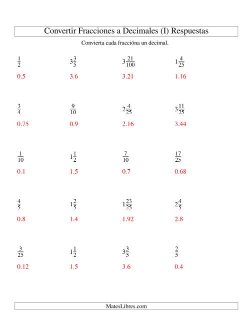 La hoja de ejercicios de Convertir Fracciones Mixtas en Decimales (I) Página 2