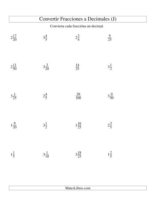 La hoja de ejercicios de Convertir Fracciones Mixtas en Decimales (J)