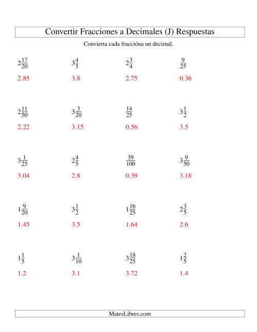 La hoja de ejercicios de Convertir Fracciones Mixtas en Decimales (J) Página 2