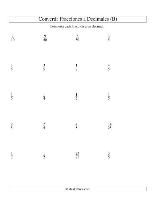 La hoja de ejercicios de Convertir Fracciones Propias en Decimales (B)
