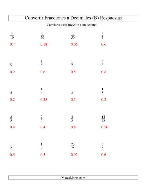 La hoja de ejercicios de Convertir Fracciones Propias en Decimales (B) Página 2