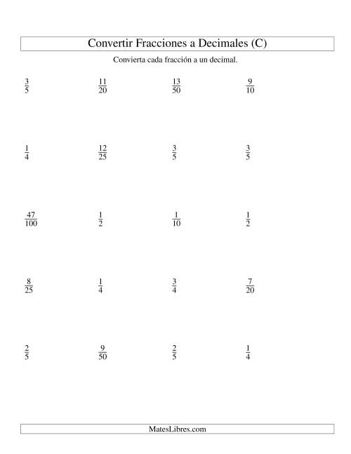 La hoja de ejercicios de Convertir Fracciones Propias en Decimales (C)
