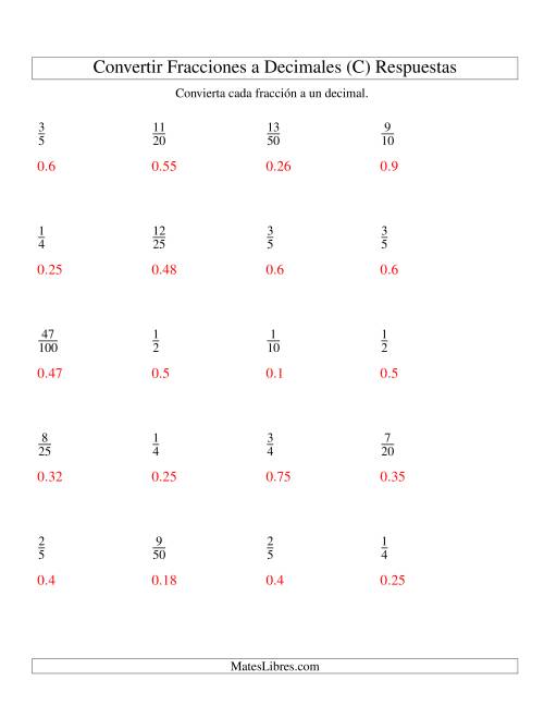 La hoja de ejercicios de Convertir Fracciones Propias en Decimales (C) Página 2