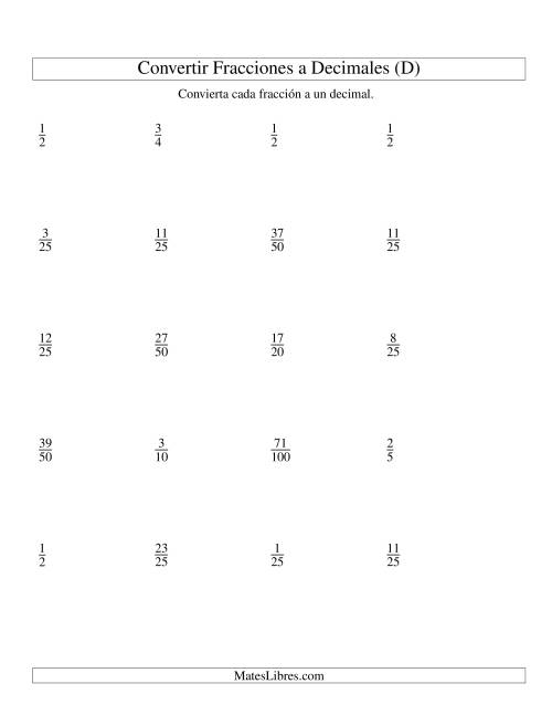 La hoja de ejercicios de Convertir Fracciones Propias en Decimales (D)