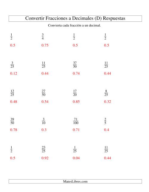 La hoja de ejercicios de Convertir Fracciones Propias en Decimales (D) Página 2