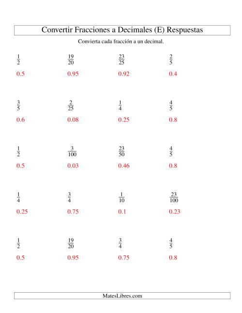 La hoja de ejercicios de Convertir Fracciones Propias en Decimales (E) Página 2