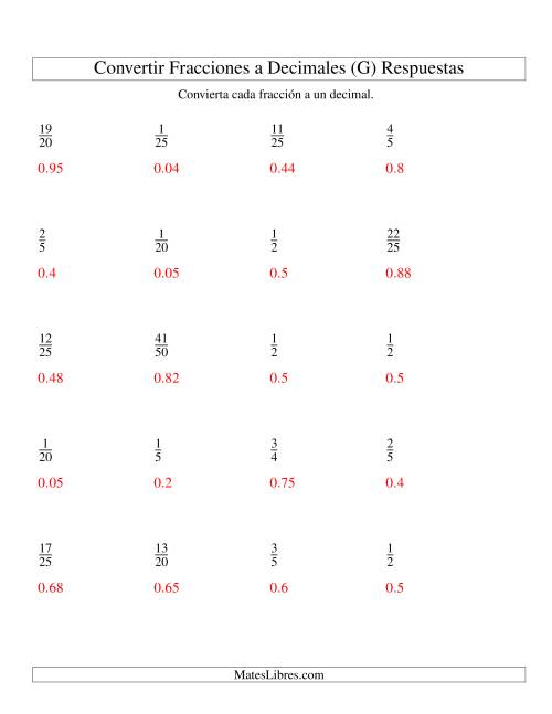 La hoja de ejercicios de Convertir Fracciones Propias en Decimales (G) Página 2
