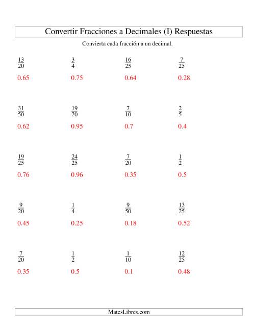 La hoja de ejercicios de Convertir Fracciones Propias en Decimales (I) Página 2