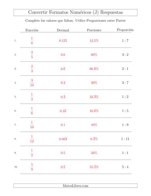 La hoja de ejercicios de Convertir de Proporciones entre Partes a Fracciones, Decimales, y Porcientos (J) Página 2