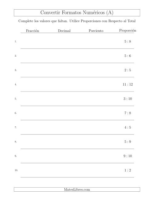 La hoja de ejercicios de Convertir de Proporciones con Respecto al Total a Fracciones, Decimales, y Porcientos (A)