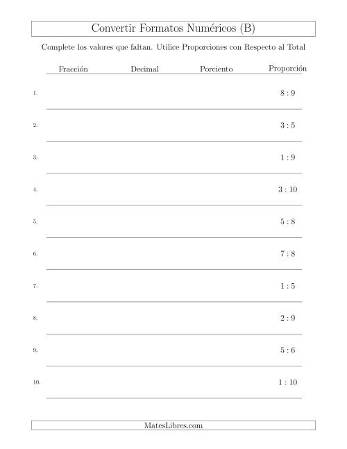 La hoja de ejercicios de Convertir de Proporciones con Respecto al Total a Fracciones, Decimales, y Porcientos (B)