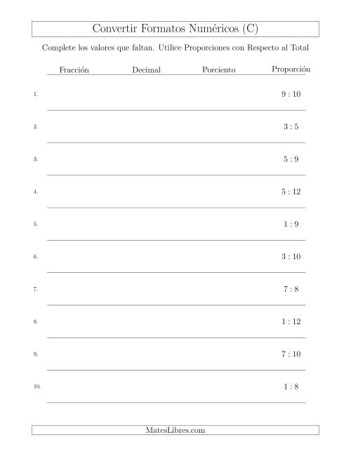 La hoja de ejercicios de Convertir de Proporciones con Respecto al Total a Fracciones, Decimales, y Porcientos (C)