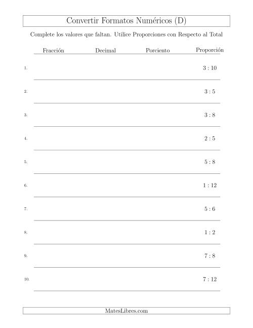 La hoja de ejercicios de Convertir de Proporciones con Respecto al Total a Fracciones, Decimales, y Porcientos (D)