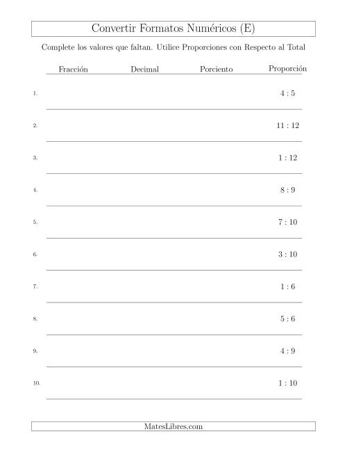 La hoja de ejercicios de Convertir de Proporciones con Respecto al Total a Fracciones, Decimales, y Porcientos (E)
