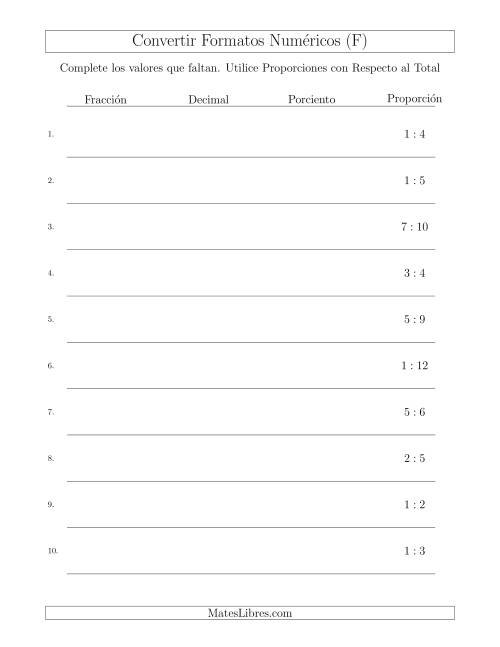 La hoja de ejercicios de Convertir de Proporciones con Respecto al Total a Fracciones, Decimales, y Porcientos (F)