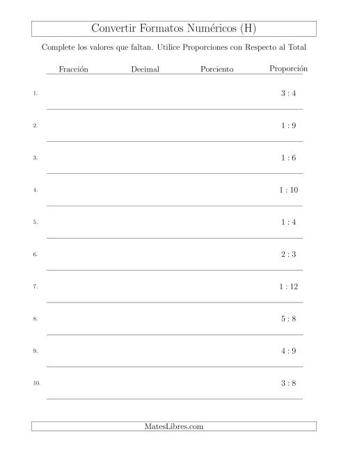 La hoja de ejercicios de Convertir de Proporciones con Respecto al Total a Fracciones, Decimales, y Porcientos (H)