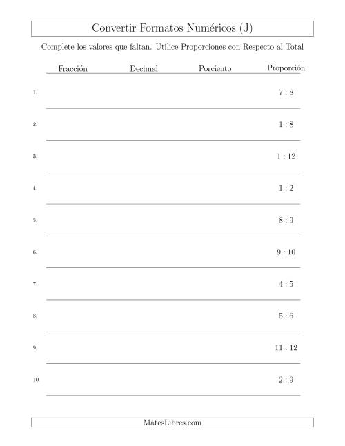 La hoja de ejercicios de Convertir de Proporciones con Respecto al Total a Fracciones, Decimales, y Porcientos (J)