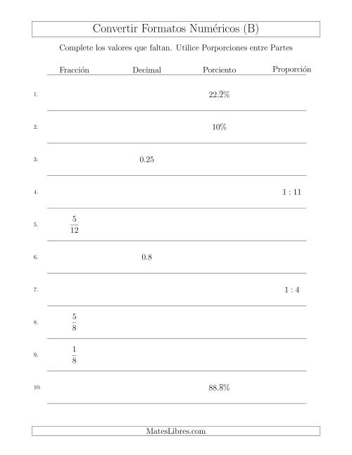 La hoja de ejercicios de Convertir entre Fracciones, Decimales, Porcientos y Proporciones entre Partes (B)