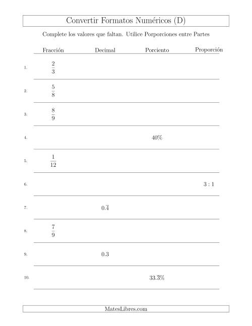 La hoja de ejercicios de Convertir entre Fracciones, Decimales, Porcientos y Proporciones entre Partes (D)