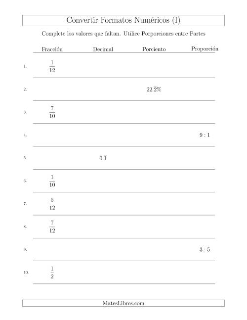 La hoja de ejercicios de Convertir entre Fracciones, Decimales, Porcientos y Proporciones entre Partes (I)