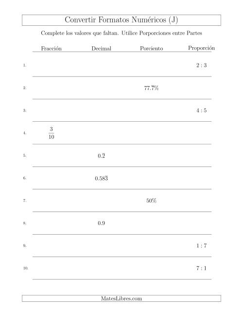 La hoja de ejercicios de Convertir entre Fracciones, Decimales, Porcientos y Proporciones entre Partes (J)