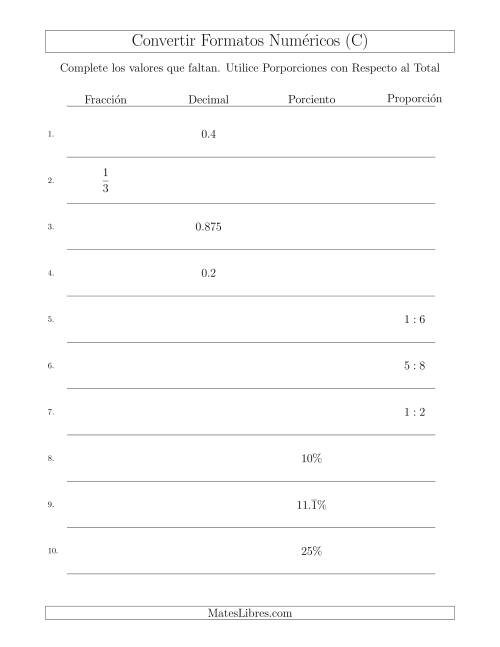 La hoja de ejercicios de Convertir entre Fracciones, Decimales, Porcientos y Proporciones con Respecto al Total (C)