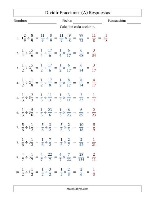 La hoja de ejercicios de Dividir y Simplificar Fracciones con Algunas Fracciones Mixtas (A) Página 2