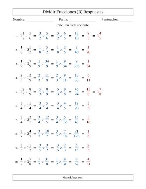 La hoja de ejercicios de Dividir fracciones propias y mixtas y con simplificación en todas (Rellenable) (B) Página 2