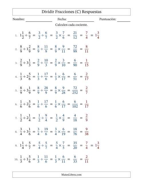 La hoja de ejercicios de Dividir fracciones propias y mixtas y con simplificación en todas (Rellenable) (C) Página 2