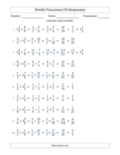 La hoja de ejercicios de Dividir fracciones propias y mixtas y con simplificación en todas (Rellenable) (D) Página 2