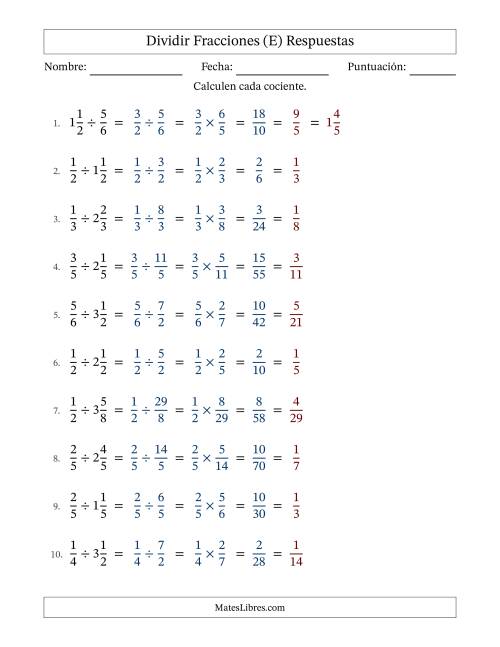 La hoja de ejercicios de Dividir fracciones propias y mixtas y con simplificación en todas (Rellenable) (E) Página 2