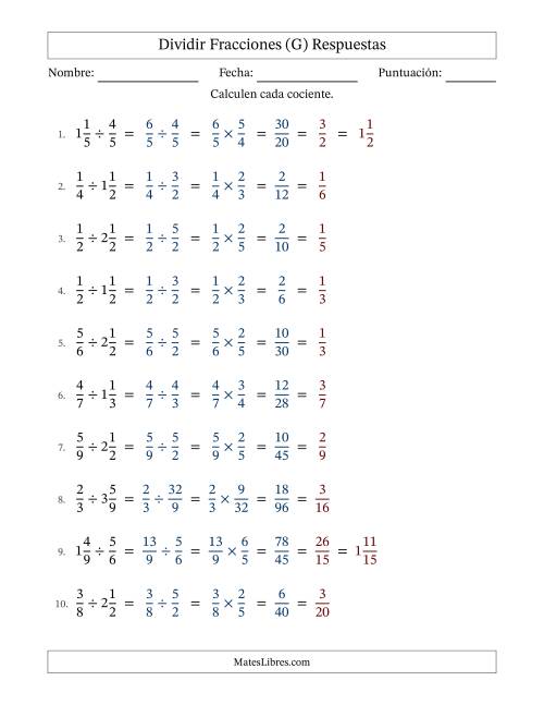 La hoja de ejercicios de Dividir fracciones propias y mixtas y con simplificación en todas (Rellenable) (G) Página 2