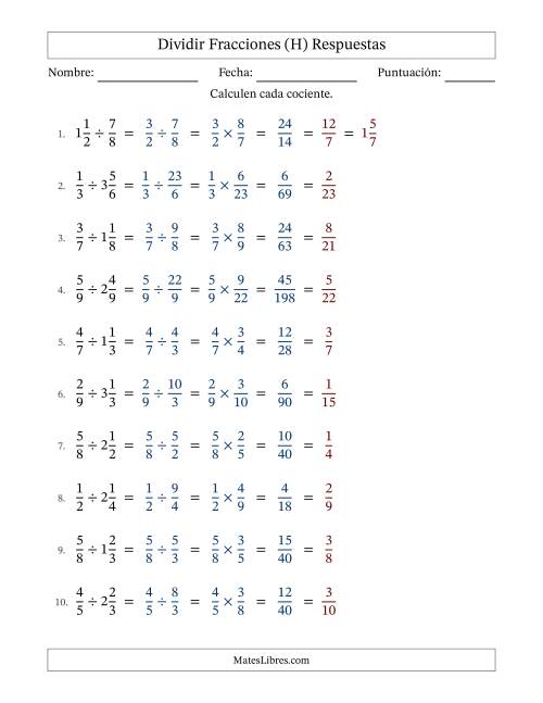 La hoja de ejercicios de Dividir fracciones propias y mixtas y con simplificación en todas (Rellenable) (H) Página 2