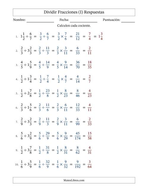 La hoja de ejercicios de Dividir fracciones propias y mixtas y con simplificación en todas (Rellenable) (I) Página 2