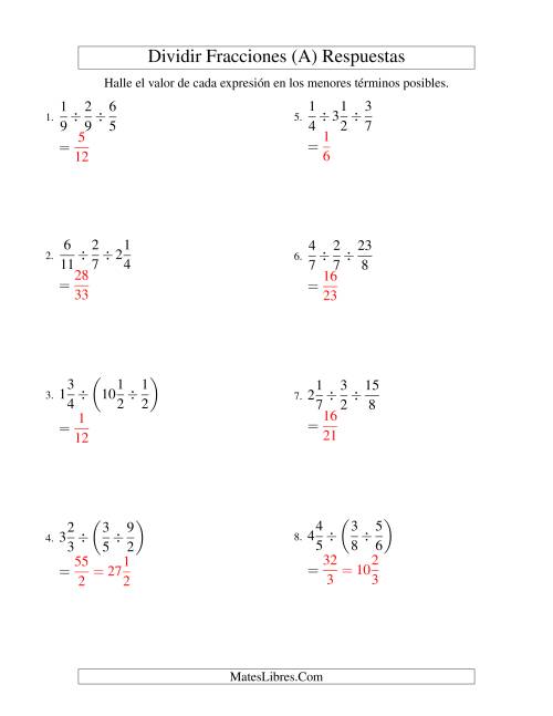La hoja de ejercicios de Dividir y Simplificar Tres Fracciones con Algunas Fracciones Mixtas (A) Página 2